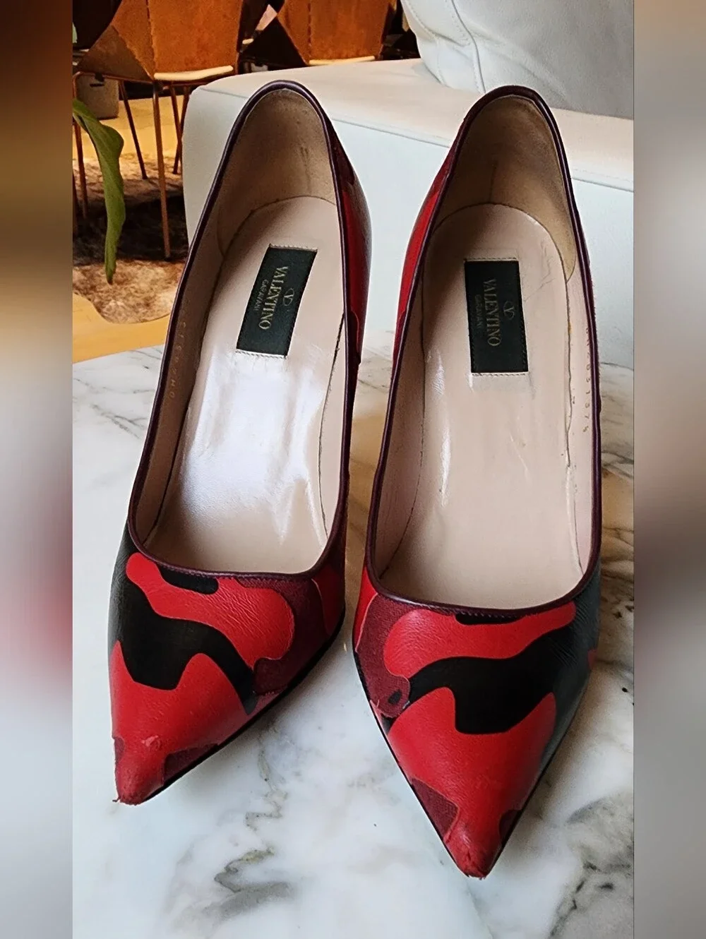 Valentino Rockstud Red & Black Camoflauge Leather Pumps Size 37.5